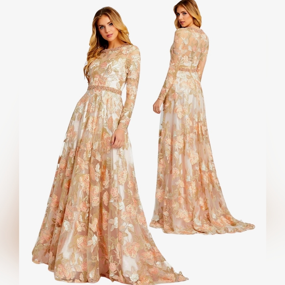 Mac Duggal Floral Embroidered Long Sleeve Dress, A-Line Gown in Cream Peachy NWT